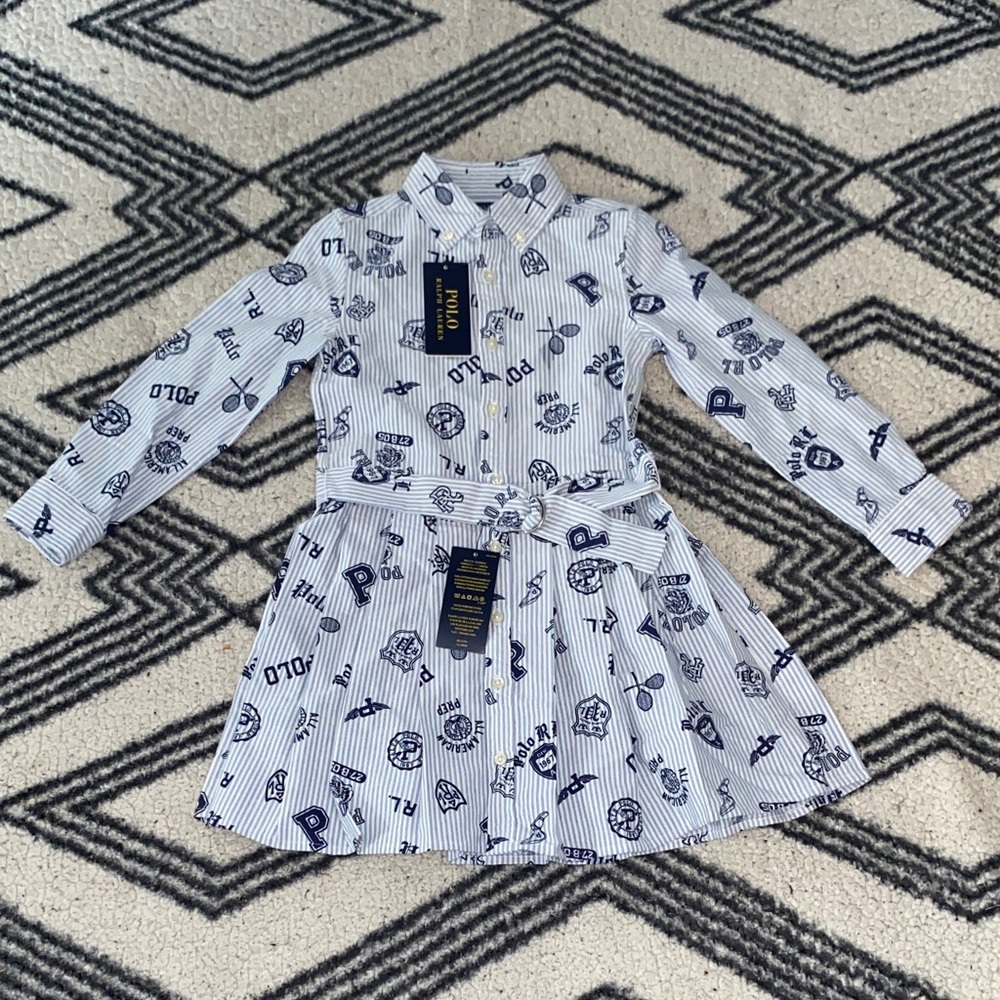 Polo Ralph Lauren Pleated Graphic Cotton Oxford Shirtdress| Girls 5